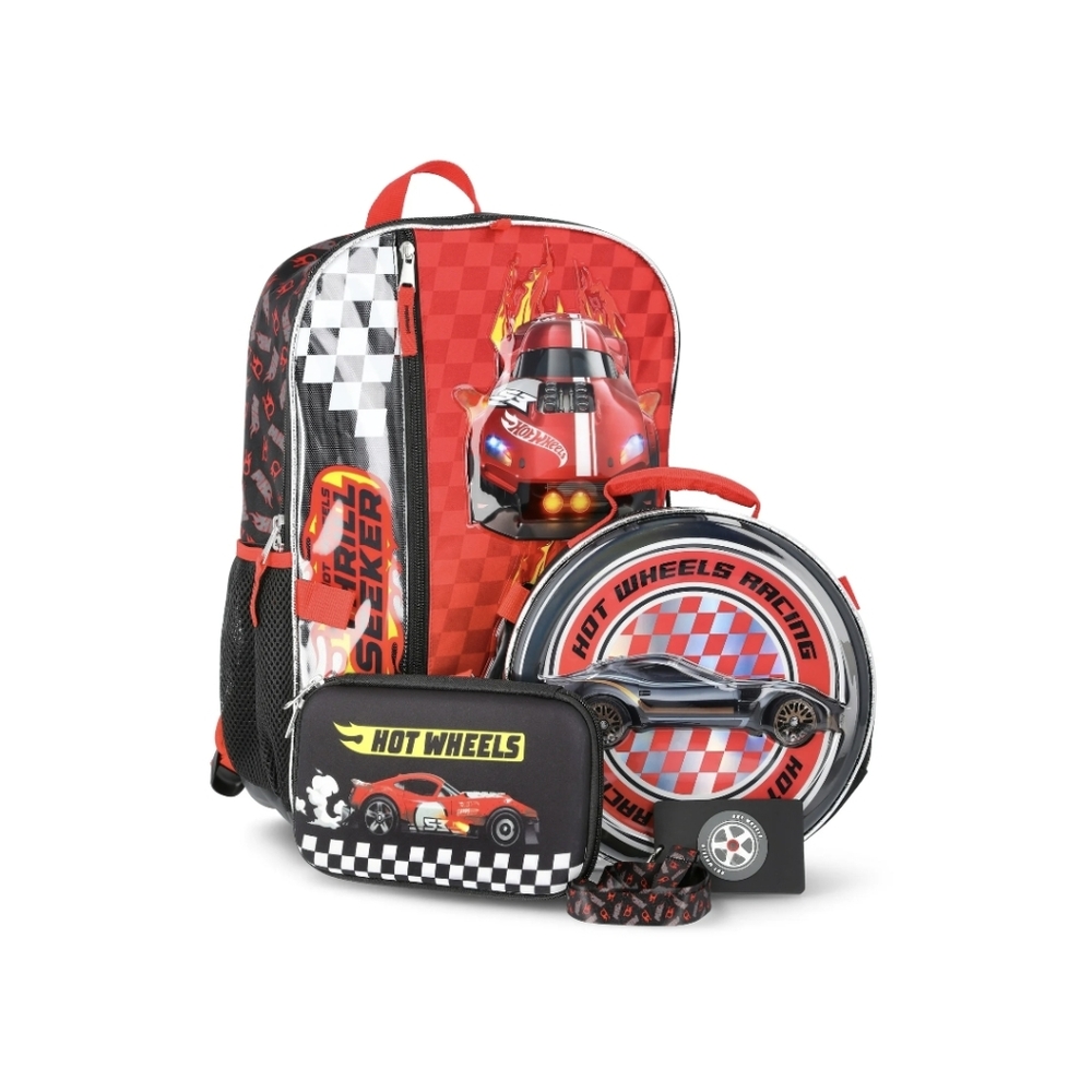 Hot Wheels Boys 17" Thrill Seeker Backpack, Lunch Box, Gadget Case, and Lanyard